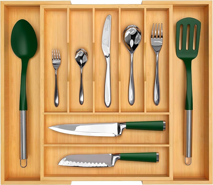 Luxury Bamboo Kitchen Drawer Organizer - Silverware Organizer - Utensil Holder and Cutlery Tray w... | Amazon (US)