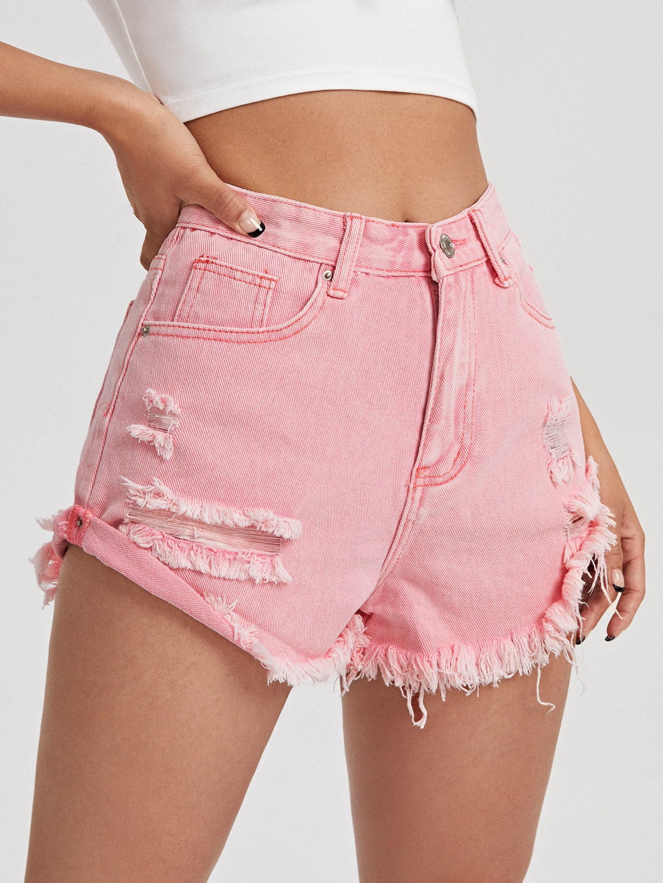 Solid Raw Hem Denim Shorts | SHEIN