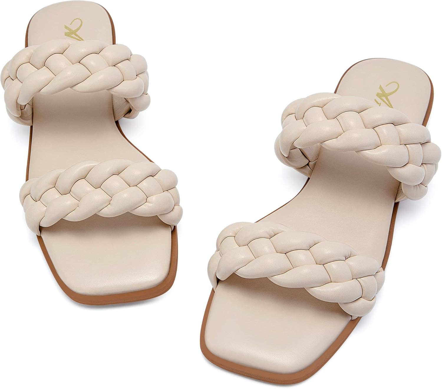 Athlefit Women's Braided Flat Sandals Square Open Toe Slip On Slides Woven Sandals Beige Size 8.5 | Amazon (US)