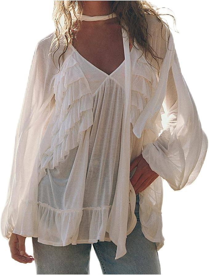 Women Sheer Loose Top Y2k V Neck Solid Color Poncho Tops Fairy Grunge Bat Sleeve Mesh Oversized P... | Amazon (US)