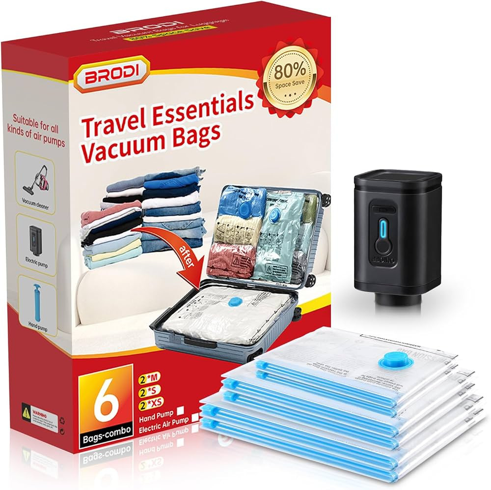 BRODI 6 Combo Pack Travel Vacuum Bags with Pump - Space Saver & Travel Essentials, Clothing & Lug... | Amazon (US)