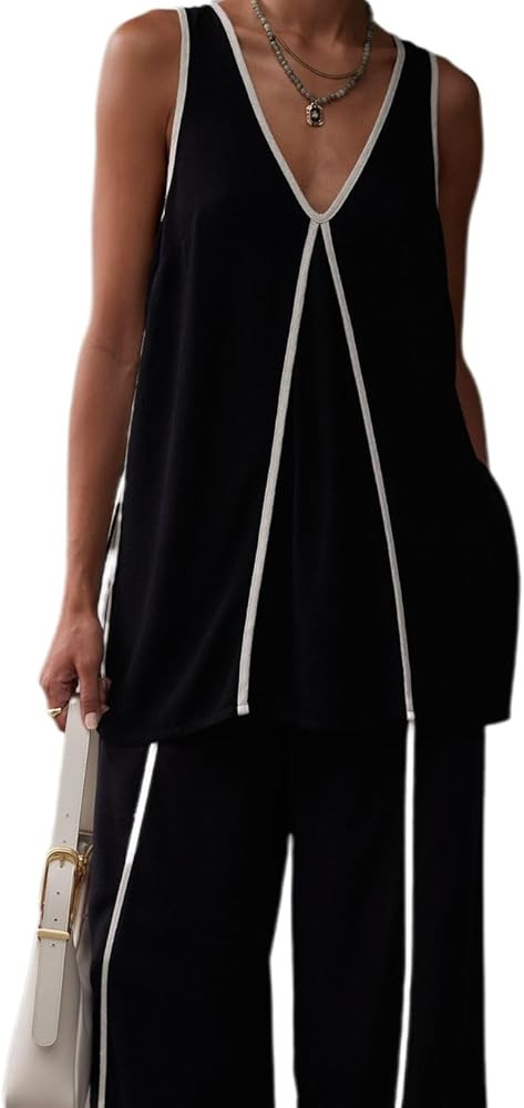 Apvirdy Women's Elegant Color Block Two-Piece Set V-Neck Sleeveless Tank Top Solid Wide Leg Pants... | Amazon (US)