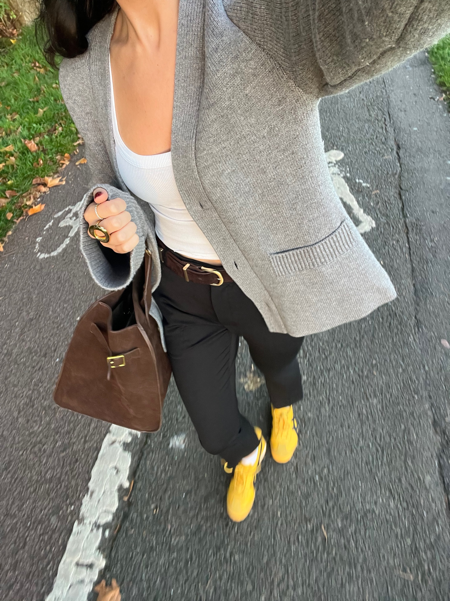 Autumn outfit, Office outfit, grey cardigan, petite black jeans, suede bag, suede belt, Onitsuka Tiger Mexico 66 trainers, Karen Millen belt, Asos, Arket, wool cardigan 

#LTKautumn #LTKstyletip #LTKuk