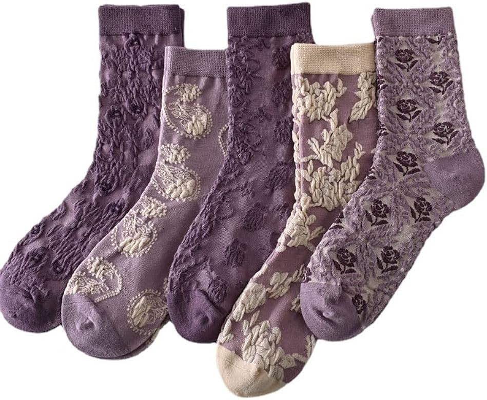 FORJMMP Vintage Embroidered Floral Socks for Women Combed Cotton Crew Socks | Amazon (US)