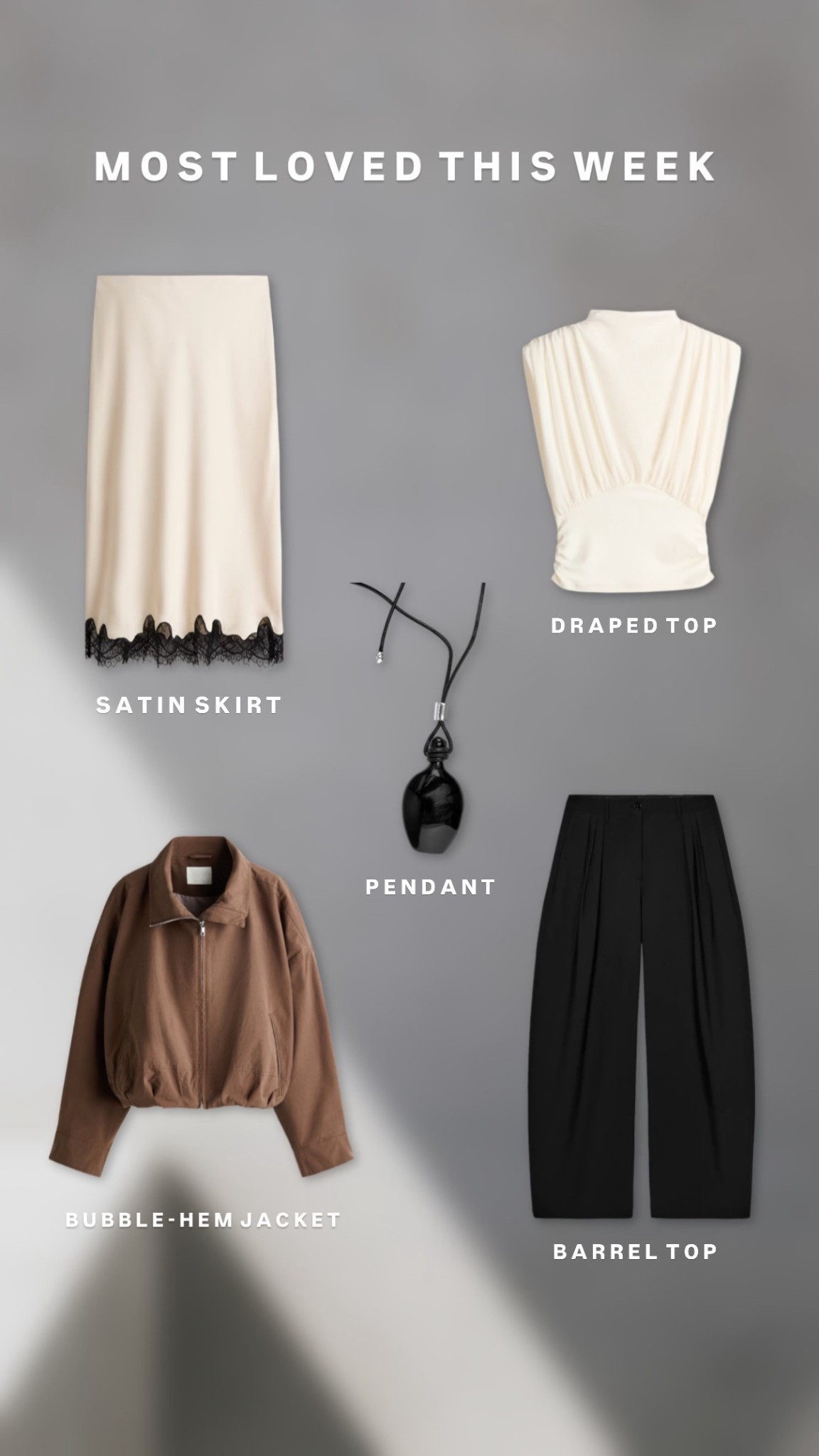 Most loved this payday 

Satin lace trim skirt 
H&M draped top 
Bubble hem jacket 
Zara barrel leg trousers
Arket bottle pendant 

#zara #hm #arket 

#LTKspring #LTKuk