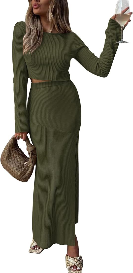 2023 Fall 2 Piece Outfits For Women Rib Knit Crop Top And Slit Maxi Dress Skirt Sets Tracksuit | Amazon (US)