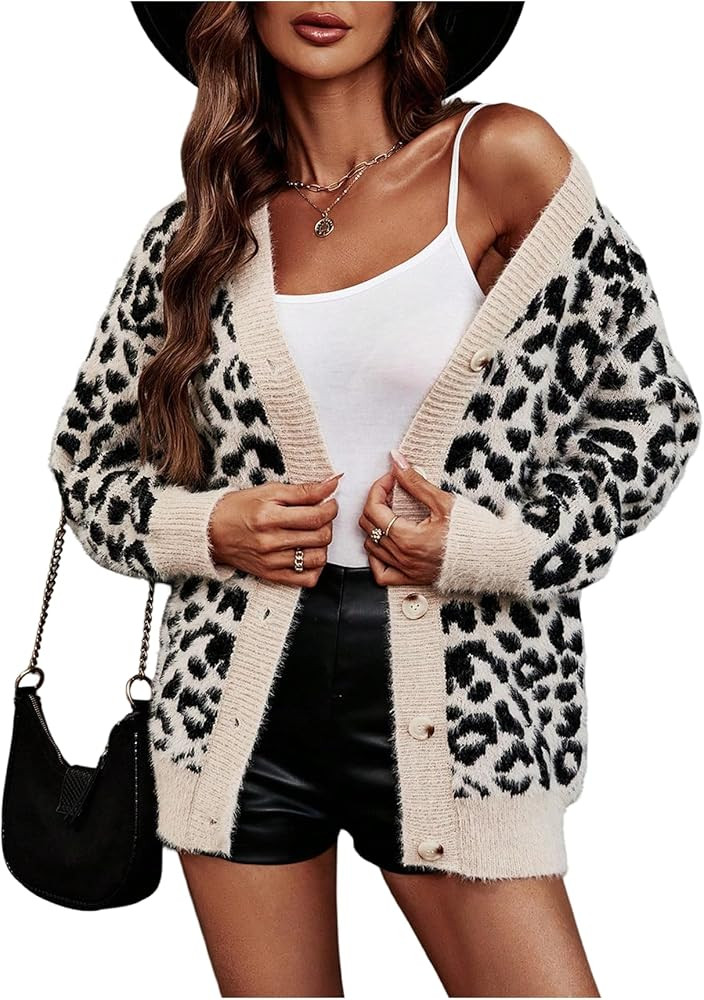 WDIRARA Women's Leopard Knit Button Up Cardigan Fuzzy Sweater V Neck Long Sleeve Outerwear | Amazon (US)