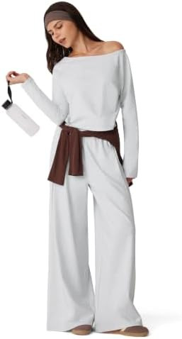 MOOSLOVER Women Off the Shoulder 2 Piece Sets Sweatsuits Wide Leg Sweatpants Lounge Sets Airport ... | Amazon (US)