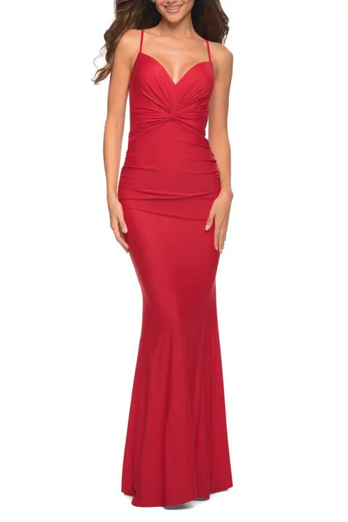 La Femme Prom Dress with Knot at Waist and Open Back in Red at Nordstrom, Size 0 | Nordstrom