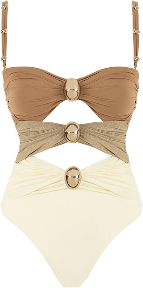 One Piece Swimsuits Women Elegant Ruched Cutout Sexy Spaghetti Strap Bathing Suits Summer Vacatio... | Amazon (US)