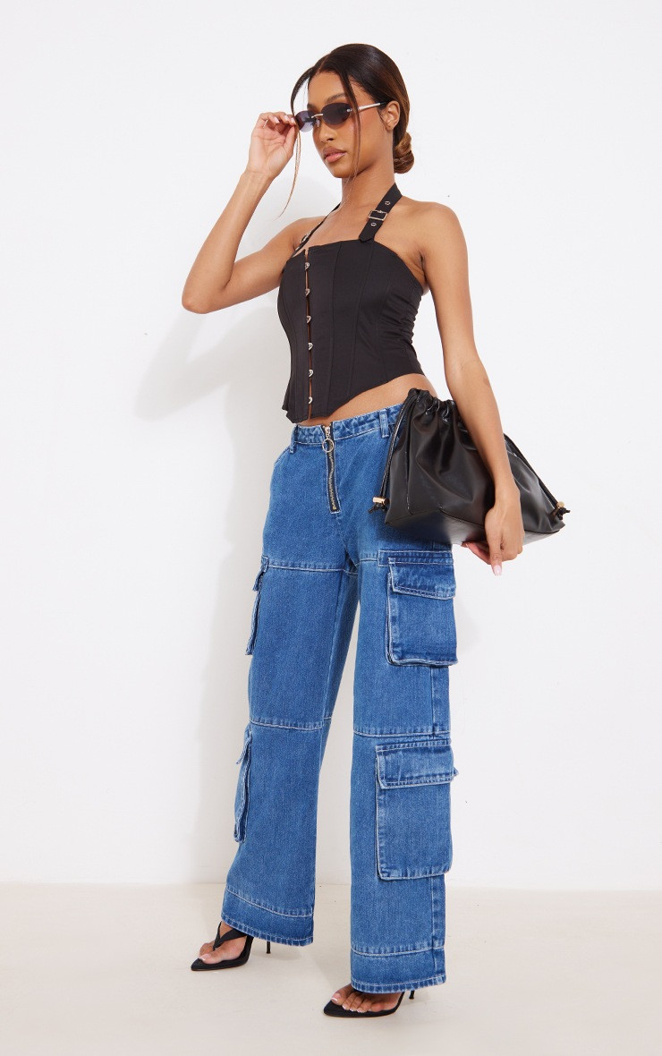 Black Woven Hook & Eye Buckle Halterneck Boned Corset | PrettyLittleThing US