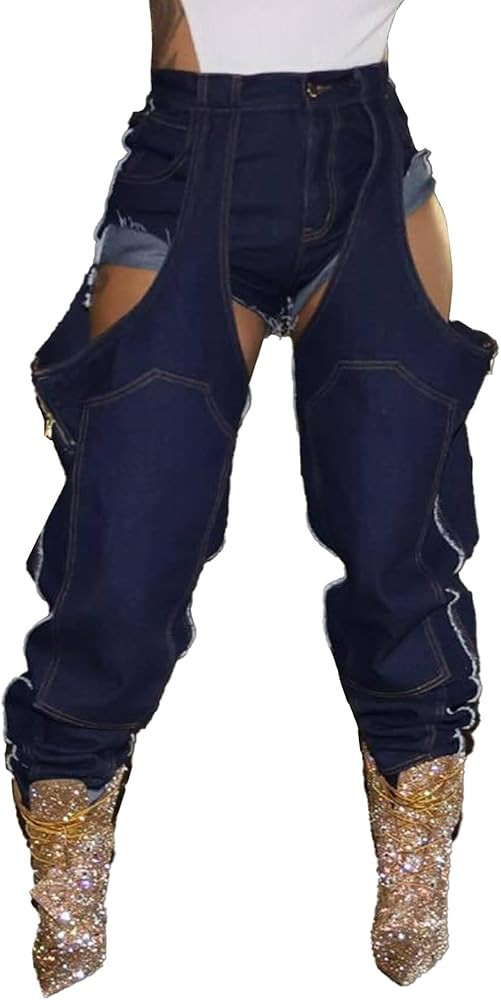 Vakkest Women's Baggy Denim Jeans Patchwwork Pants High Cutout Straight Wide Leg Stretchy Ripped ... | Amazon (US)