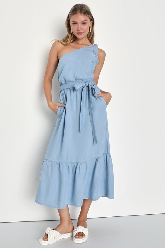 Delightful Vibes Blue Chambray One-Shoulder Midi Dress | Lulus (US)