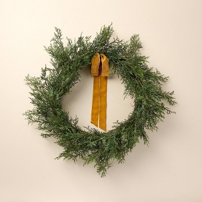 26" Faux Cypress Christmas Wreath with Velvet Ribbon Trim - Hearth & Hand™ with Magnolia | Target