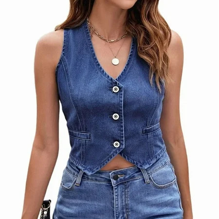 Womens Denim Vest Sleeveless V Neck Jean Suit Waistcoat Vest Dark Blue S | Walmart (US)