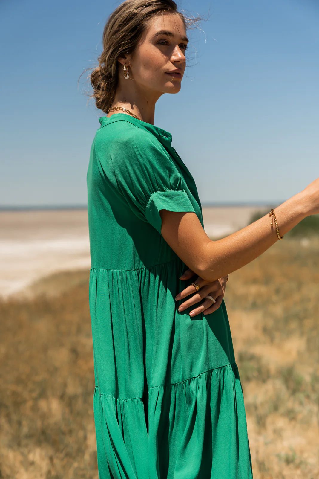 Amanda Tiered Dress in Green | Bohme