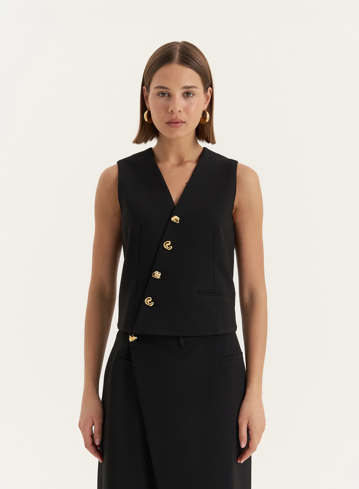 Black Asymmetric Gold Button Front Waistcoat- Brie | 4th & Reckless