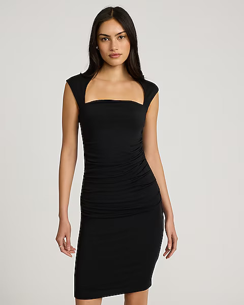 Body Contour Square Neck Sleeveless Ruched Midi Sheath Dress | Express