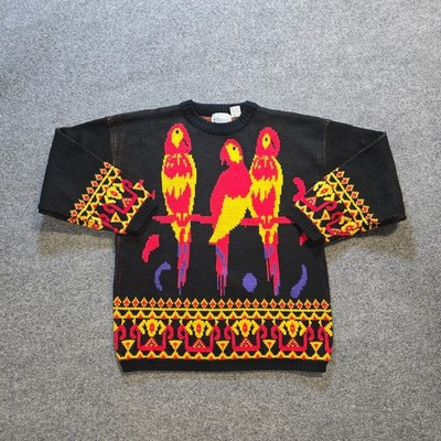 Vintage Chateau Sweater Womens Size Medium Black Parrots Maximalist Colorful | eBay US