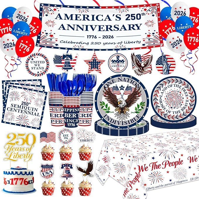 USA 250th Anniversary 4th of July Decorations 201Pcs Patriotic Party Supplies, Red White and Blue... | Amazon (US)