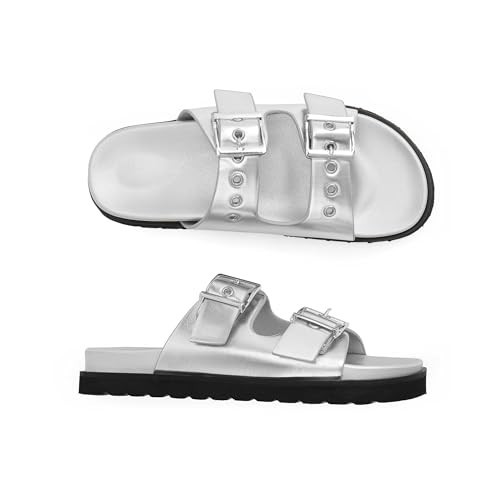 Easyfox Silver Slide Sandals for Women Double Buckle Adjustable Slide Sandals Summer Silver Platform Sandals for Women 2024 Size 7.5 | Amazon (US)