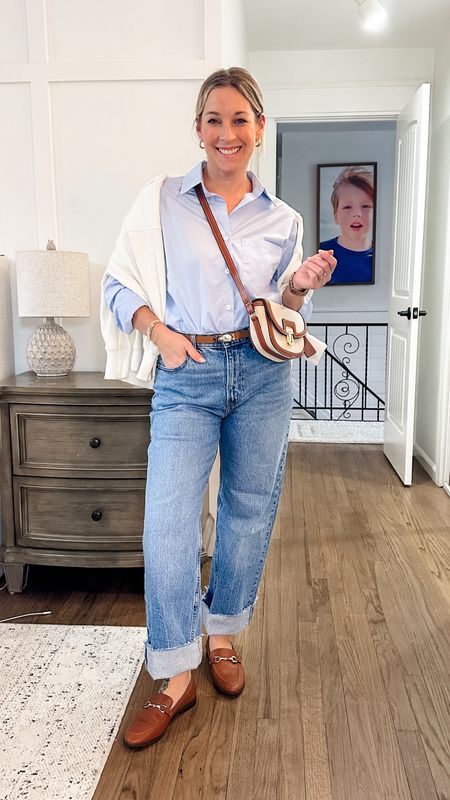 Classic outfit styled with flat loafers. Perfect spring outfit. Small tops. Medium camel coatigan. Tts jeans in short. I like these because I can wear them cuffed or uncuffed. These loafers are the MOST comfortable. I own them in 3 colors! True to size. I’m in an 8  

#LTKfindsunder50 #LTKstyletip #LTKmidsize