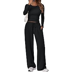Trendy Queen Women's 2 Piece Matching Lounge Set Long Sleeve Slightly Crop Top Wide Leg Pants Cas... | Amazon (US)