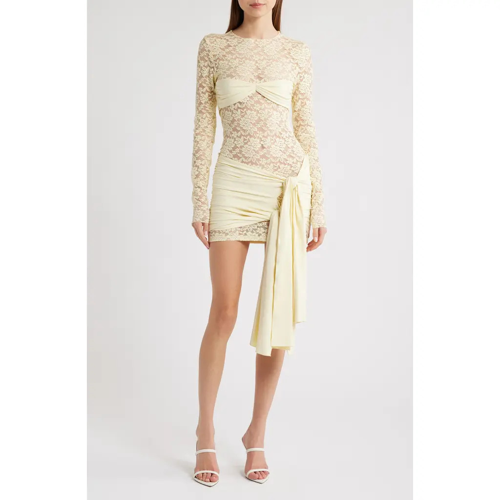LIONESS Midnight Long Sleeve Semisheer Lace Minidress in Butter at Nordstrom, Size Large | Nordstrom