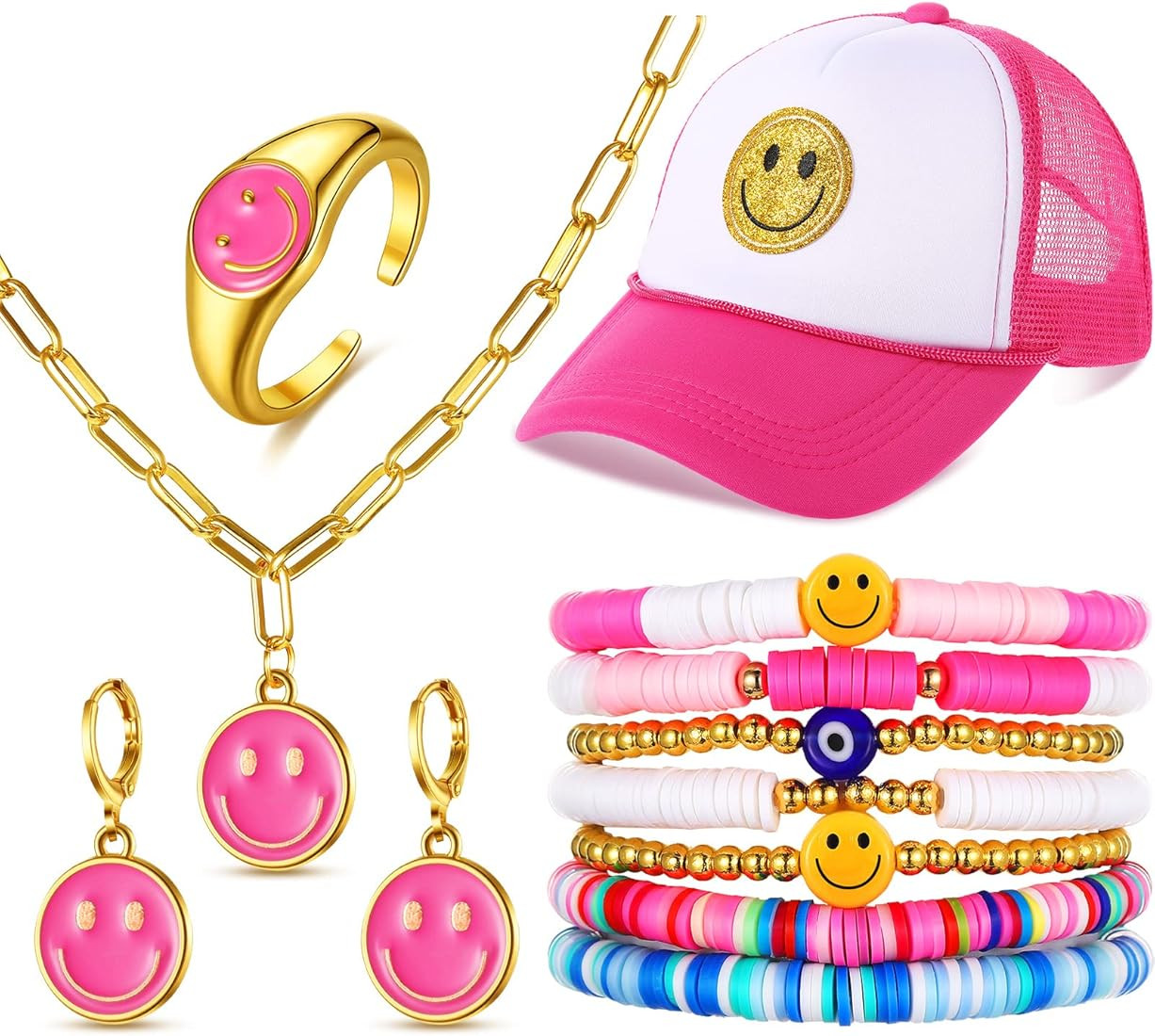 Zhanmai 12 Pcs Preppy Jewelry Set Smile Face Sequins Hat Smile Face Necklace Earrings Ring Surfer... | Amazon (US)