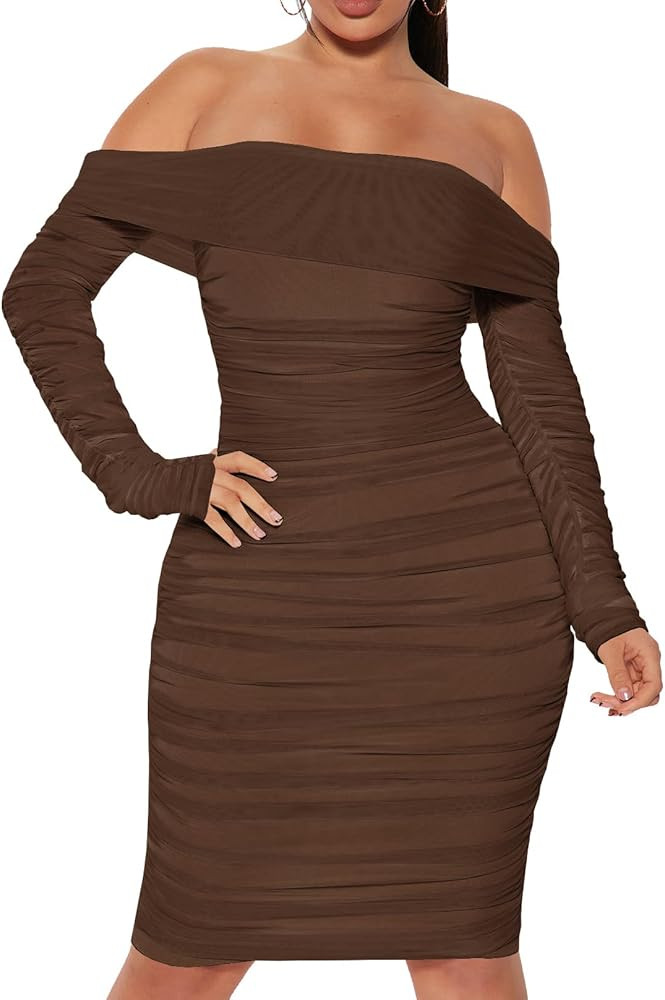 MOEENCN Mesh Long Sleeve Ruched Dress Sexy Off Shoulder Bodycon Women Knee Length Party Date Nigh... | Amazon (US)