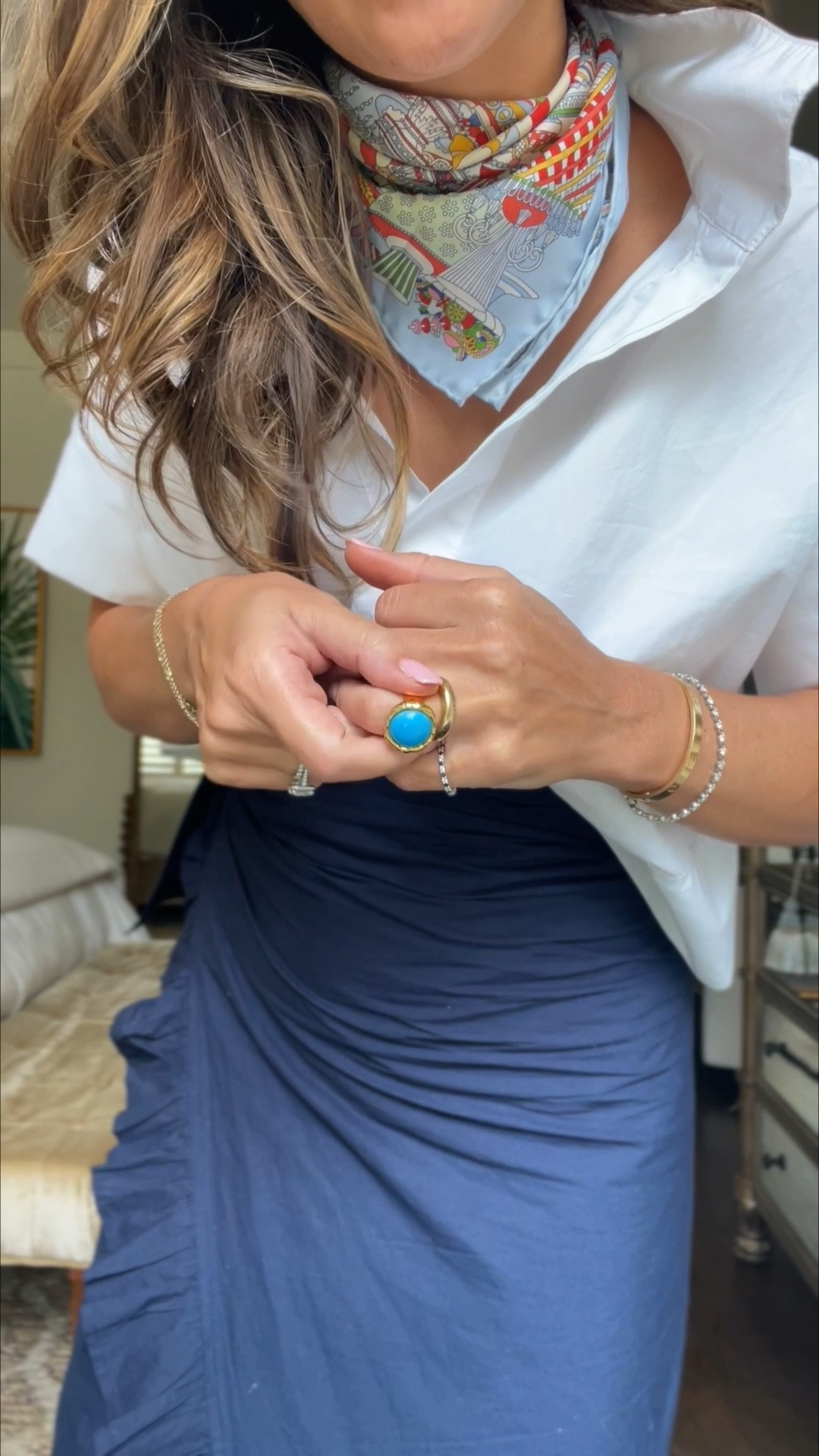 Navy cotton pareo and cropped collared shirt -