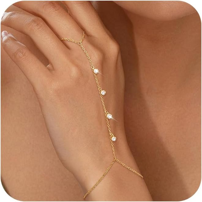 Gold Hand Chain Bracelet Ring Bracelet, 14K Gold Plated Finger Ring Bracelet Zircon Pearl Bead Sa... | Amazon (US)