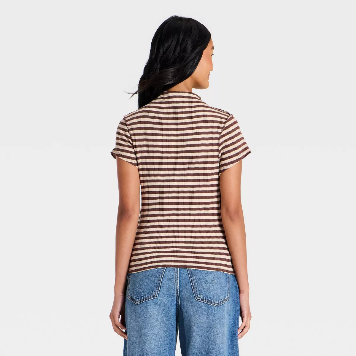 Women's Short Sleeve Turtle Mock Neck T-Shirt - Universal Thread\u2122 Brown Striped S | Target