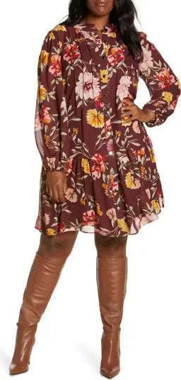 Floral Print Pleated Long Sleeve A-Line Dress | Nordstrom