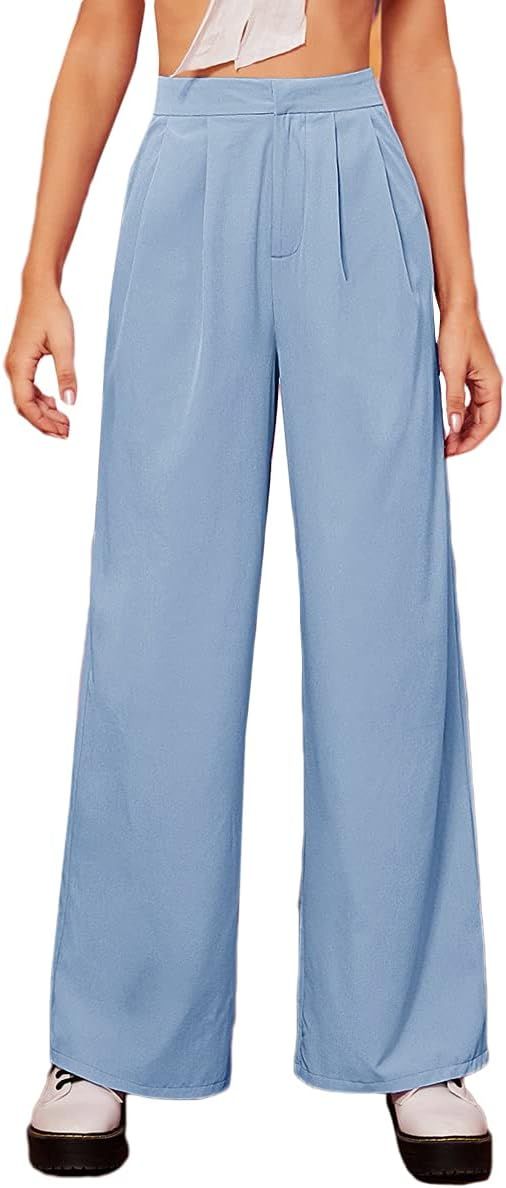 DIDK Women's High Waist Wide Leg Zipper Fly Trousers Fold Pleated Palazzo Pants | Amazon (US)