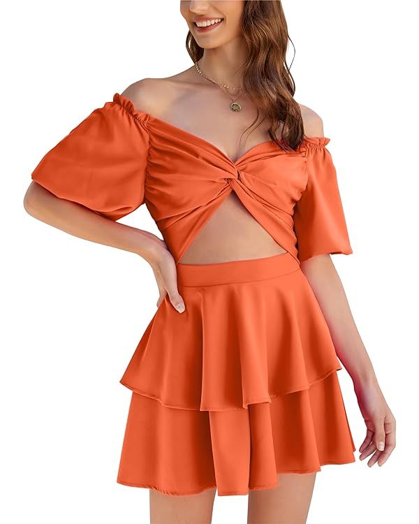 Mini Romper Women Off Shoulder Puff Short Sleeves Ruffle Twist Jumpsuit 2024 Summer Cut Out Dress | Amazon (US)