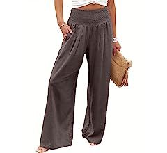 Women Linen Palazzo Pants Summer Boho Wide Leg High Waist Casual Lounge Pant Trousers with Pocket | Amazon (US)