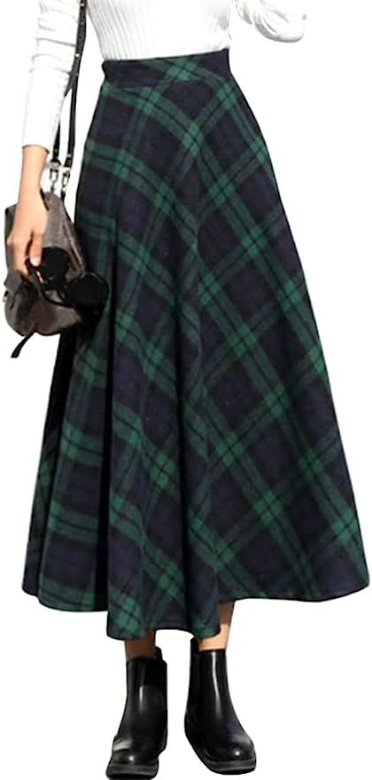 Amazon.com: IDEALSANXUN Womens High Elastic Waist Maxi Skirt A-line Plaid Winter Warm Flare Long ... | Amazon (US)