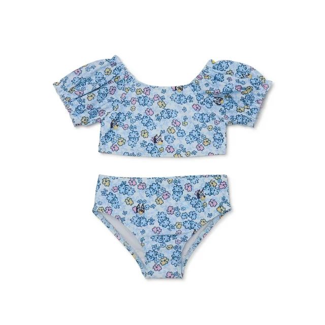 Bluey Girls Puff Sleeve Print Swimsuit, 2-Piece, Sizes 12M-5T | Walmart (US)