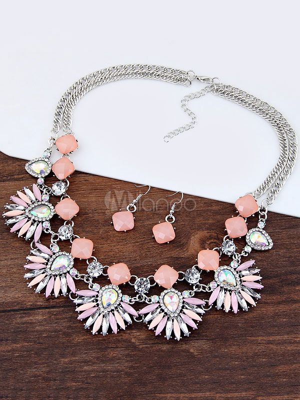 Pink Jewelry Set Rhinestones Beaded Daisy Design Luxurious Statement Necklace With Drop Earrings | Milanoo