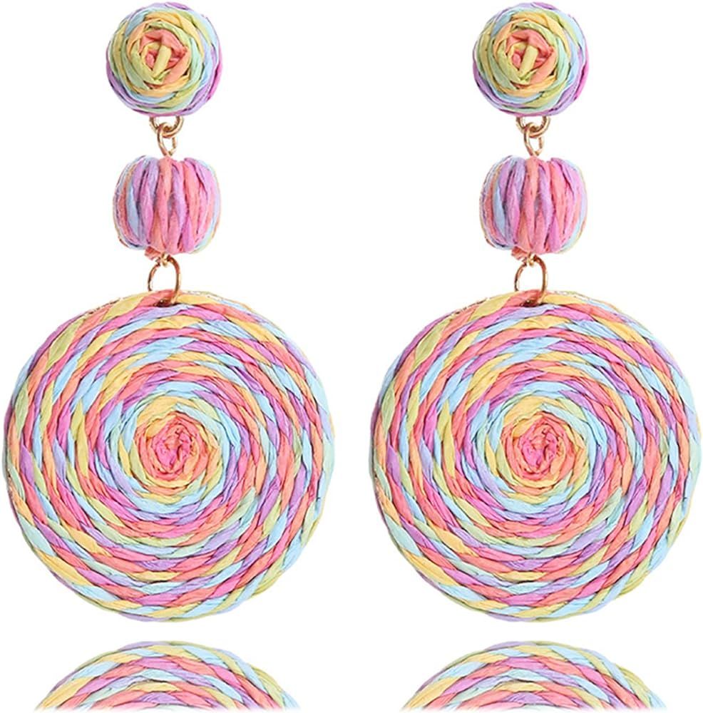 Boho Raffia Ball Earrings for Women, Handmade Statement Drop Earrings Straw Dangle Earrings Beach... | Amazon (US)