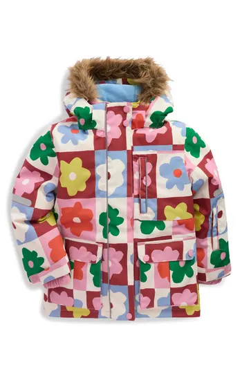 Mini Boden Kids' All Weather Faux Fur Trim Hooded Waterproof Coat in Multi Flower Check at Nordstrom Rack, Size 7-8Y | Nordstrom Rack