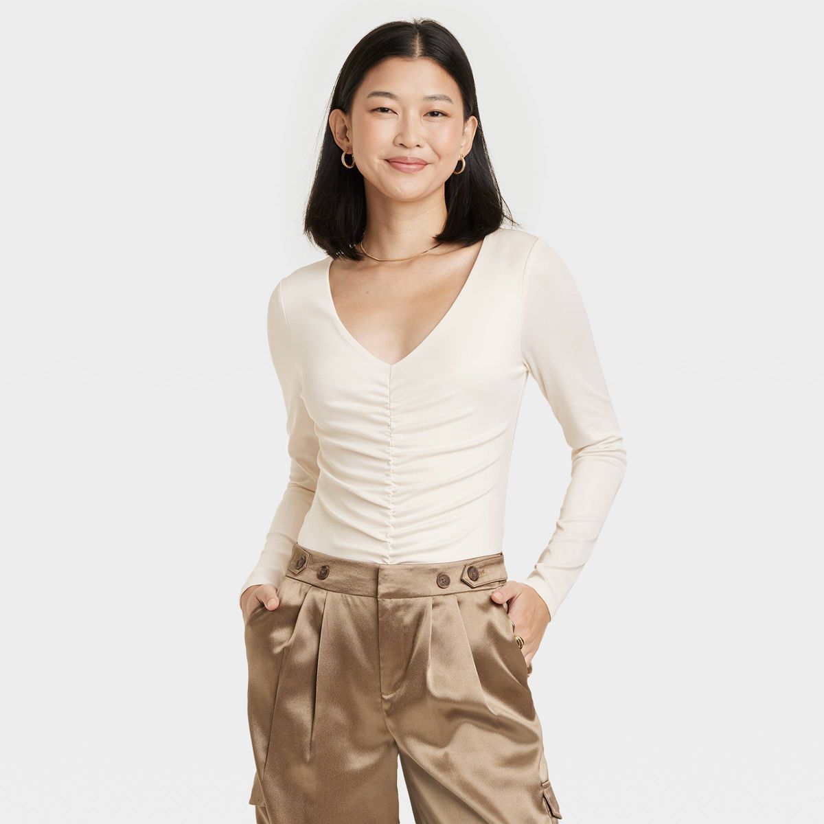 Women's Long Sleeve Ruched Slim Fit Bodysuit - A New Day™ | Target