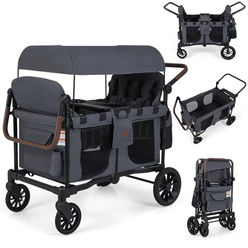 INFANS 4 Seater Wagon Stroller, All-Terrain Foldable Wagon for 4 Kids with Adjustable Push Pull Handles, 5-Point Harness, Detachable Seats, Snack Tray, Insulated Organizer, Removable Canopy (Grey) | Amazon (US)