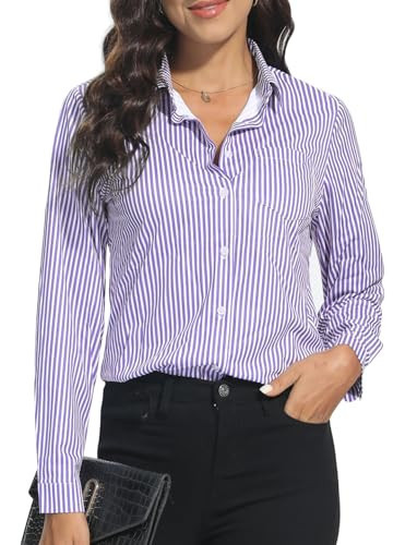 COUXILY Womens Button Down Shirts Striped Classic Long Sleeve Purple Blouses for Women Stylish Lightweight Striped Tops (Purple Stripe, XS) | Amazon (US)