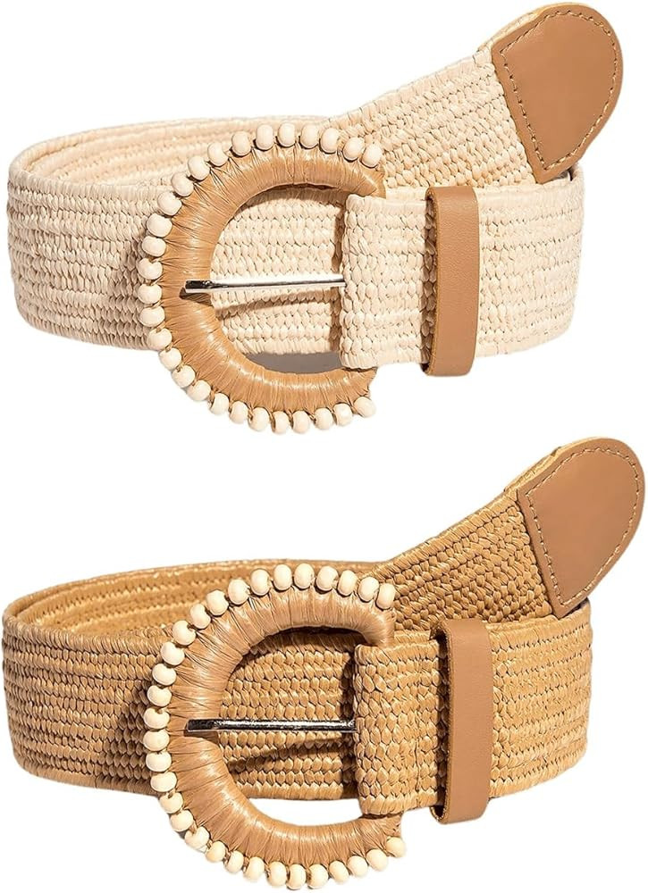 GORGLITTER Women's 2 Pack Woven Belts Raffia Belts Boho Belt Stretchy Dress Belt | Amazon (US)