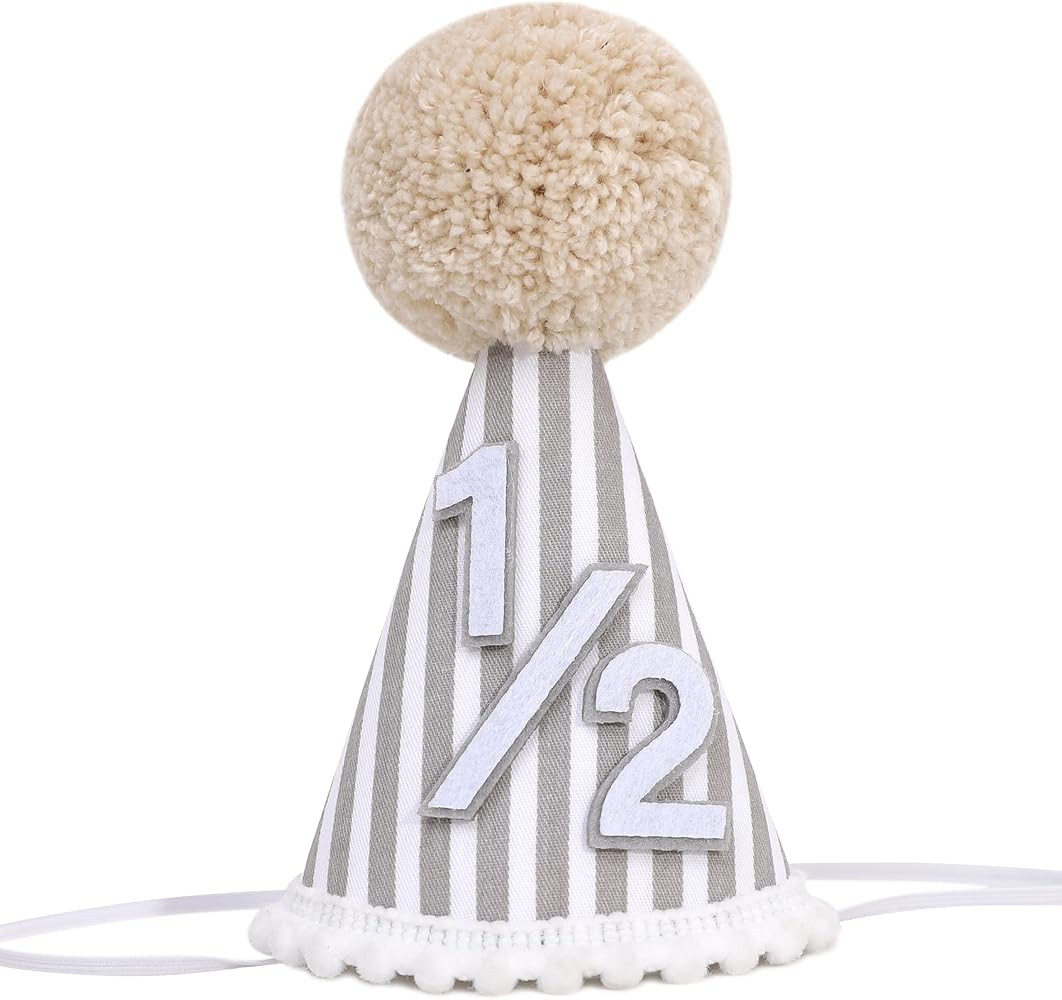 Gray Stripe Half Birthday Party Hat - Six Months Party Decorations, 1/2 Birthday Cone Hat, Boho G... | Amazon (US)