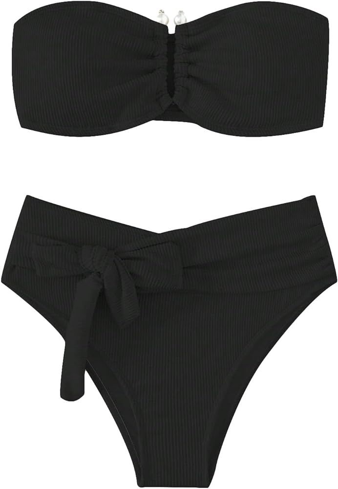 WDIRARA Women's 2 Piece Bikini Set Rib Knit Strapless Knot Front High Waist Swimsuit Set | Amazon (US)