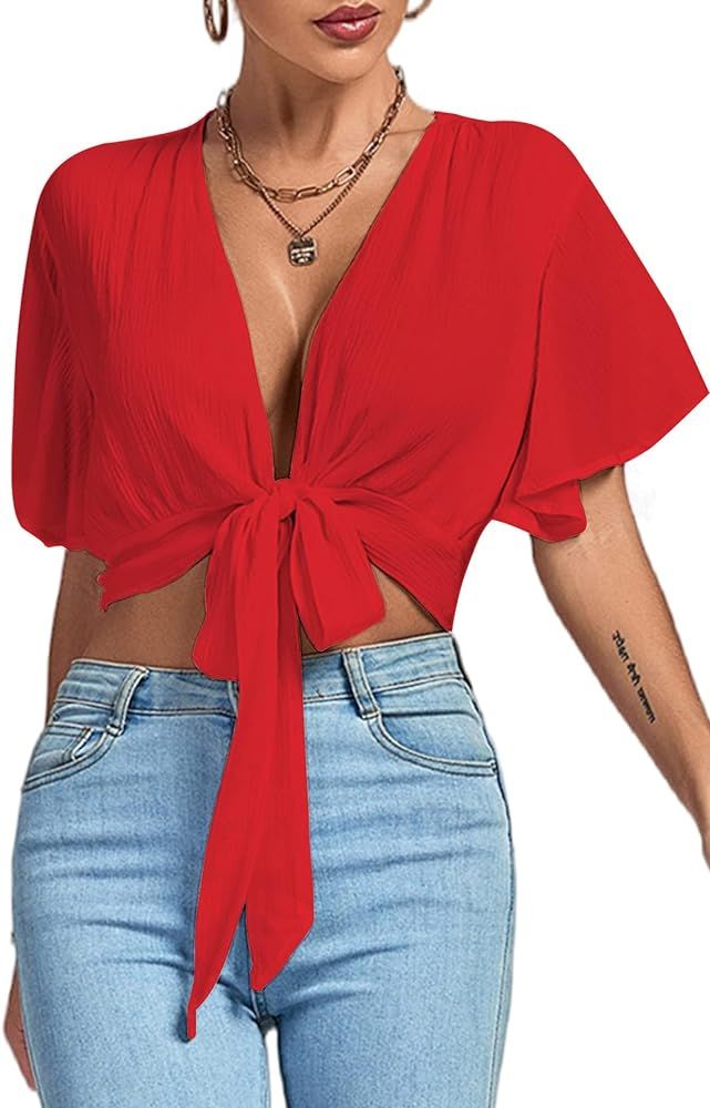 LYANER Women's Deep V Neck Tie Front Knot Wrap Ruffle Short Sleeeve Crop Top Blouse | Amazon (US)