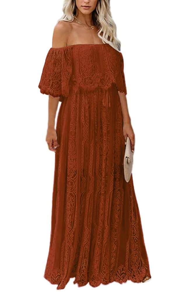 Cercis Womens Off The Shoulder Floral Lace Maxi Wedding Dress Boho Flowy Wedding Guest Formal Lon... | Amazon (US)